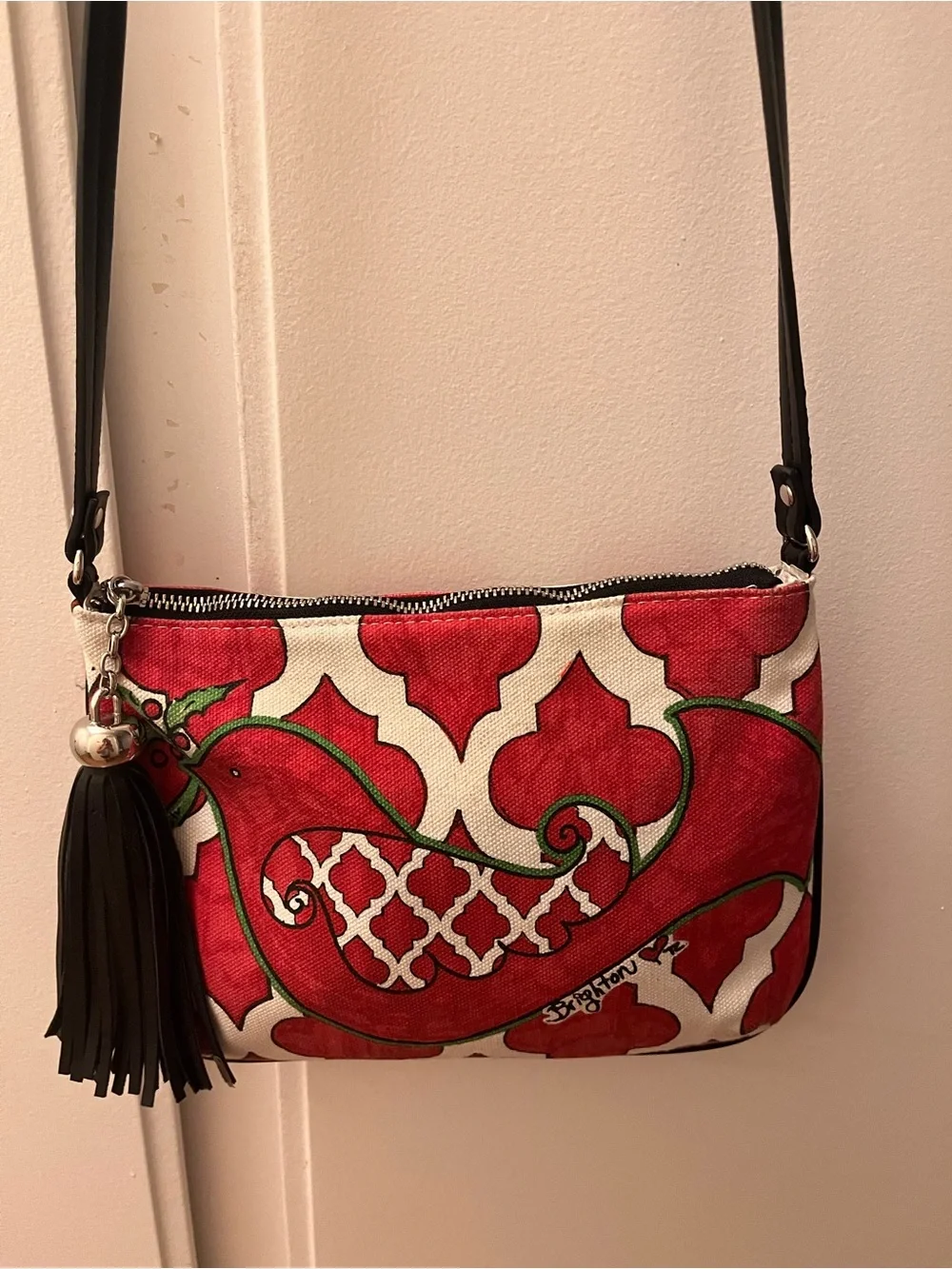 Brighton Red and Cream Moorish Tile Patterned Crossbody with Black Tassel